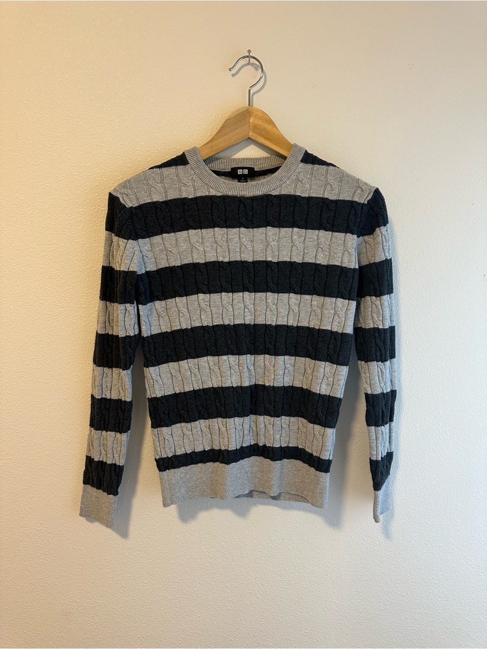 Uniqlo Striped Cable-Knit Sweater in Light Gray and Black